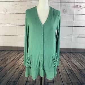 Logo Lori Goldstein Top Shirt Womens Small Grreen Button‎ Lagenlook Stretch FLAW